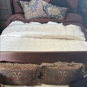 Thin cream/ off white down comforter, throw blanket. Satin trim. Warm. 86” x 62”